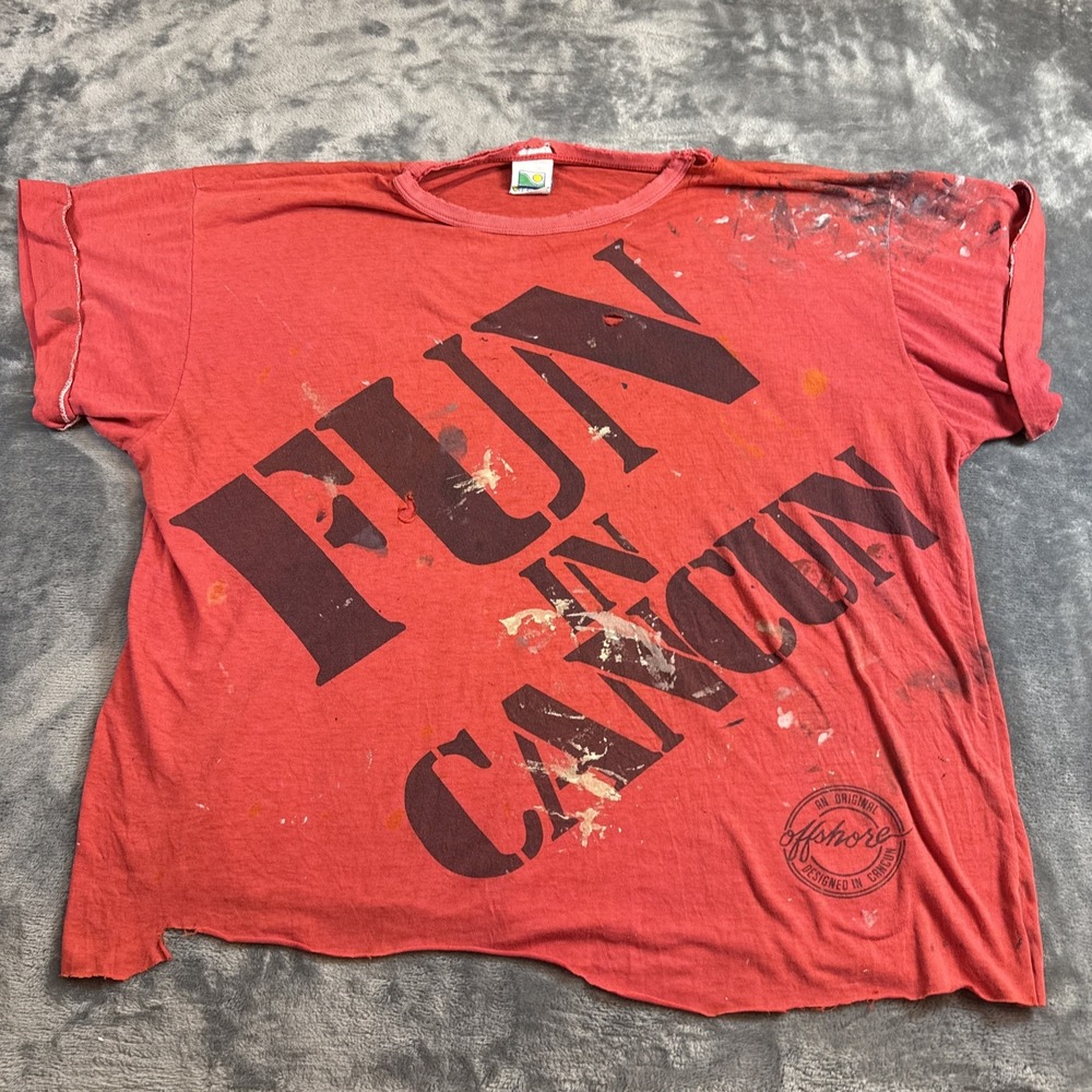 Vintage 90s Off Shore Cancun Graphic Tee Red Distressed Paint Splatter Large